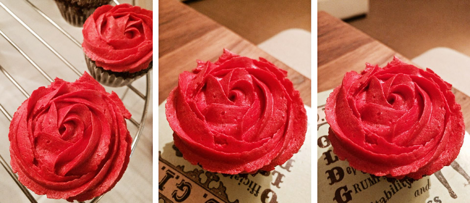 delicious chocolate cupcakes with red icing