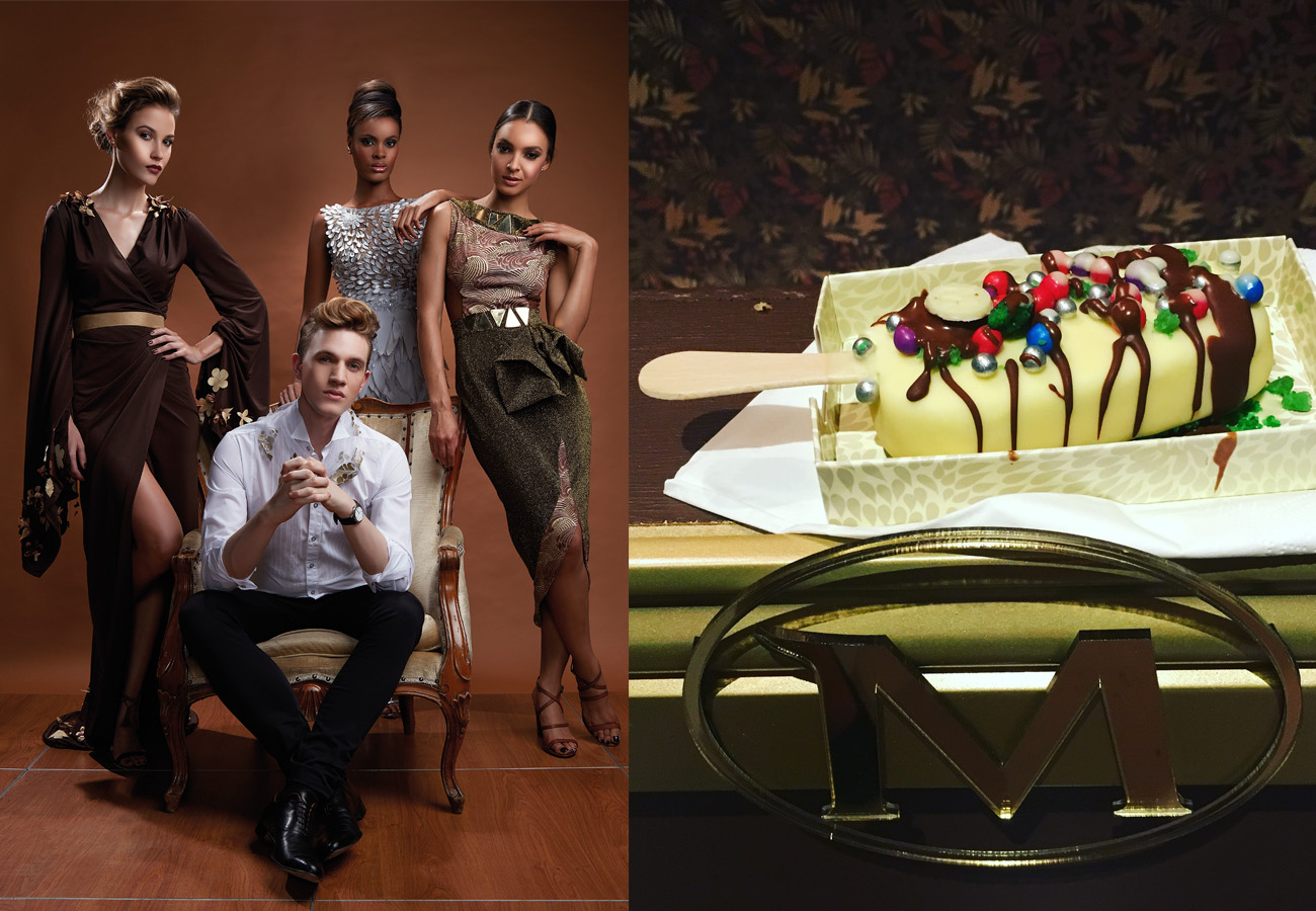Gert-Johan Coetzee & 3 of his gorgeous dresses; My Magnum - white choice with silver balls, candy choice biscuit bites & mint cupcake crunch & mint shortcake